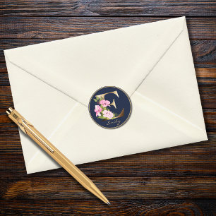 Sticker Rond Lettre d'or E Elegant Marine Floral Monogramme