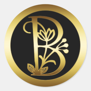STICKER ROND LETTRE D'OR MONOGRAMME FLORALE B
