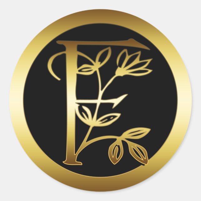STICKER ROND LETTRE D'OR MONOGRAMME FLORALE F (Devant)