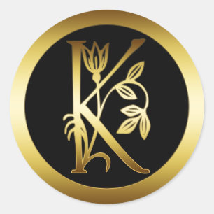 STICKER ROND LETTRE D'OR MONOGRAMME FLORALE K