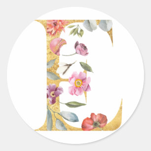 Sticker Rond Lettre E dorée avec fleurs