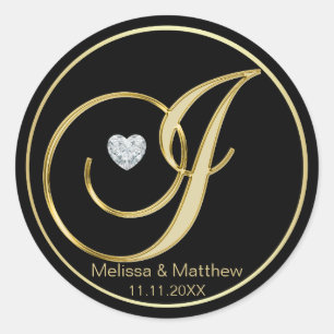 Sticker Rond LETTRE Élégante MONOGRAPHIQUE D'OR NOIR J COEUR Di