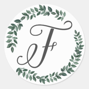 Sticker Rond Lettre F Monogramme Minimaliste Feuille Botanique
