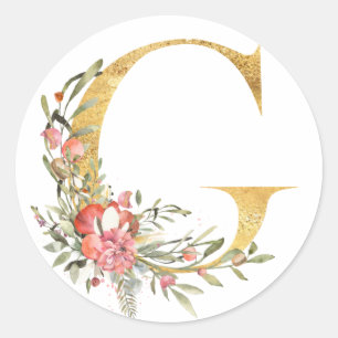 Sticker Rond Lettre G dorée avec fleurs