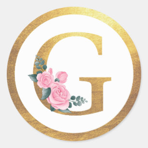 Sticker Rond Lettre G Monogramme Roses rose Floral & Elegant Or