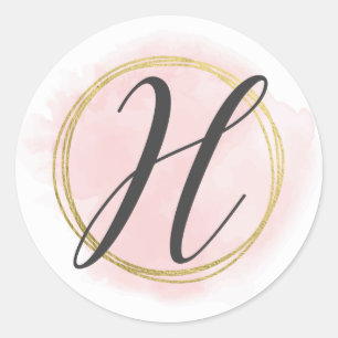 Sticker Rond Lettre H Monogramme Aquarelle rose pâle Chic or