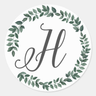 Sticker Rond Lettre H Monogramme Minimaliste Feuille Botanique 