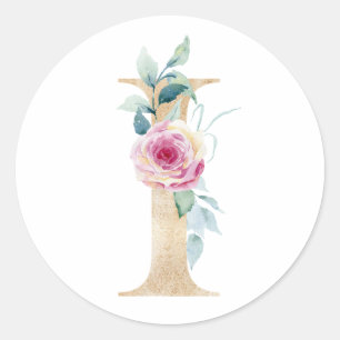 Sticker Rond Lettre I aquarelle avec roses