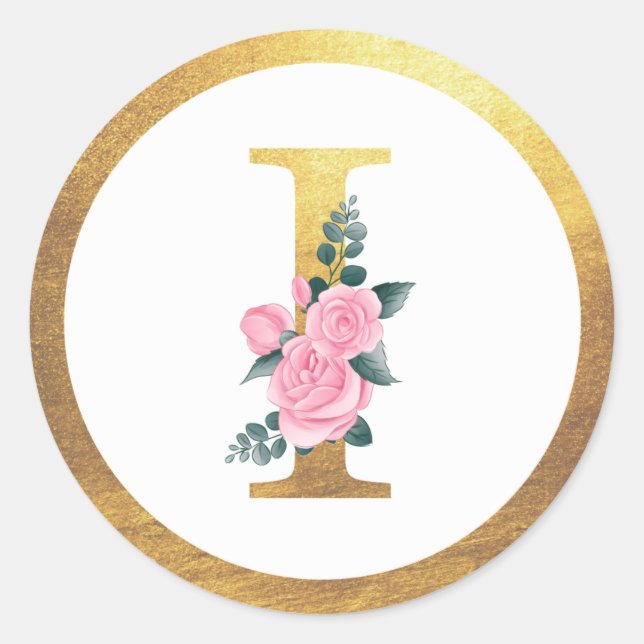 Sticker Rond Lettre I Monogramme Roses rose Floral & Elegant Or (Devant)
