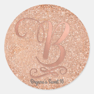 Sticker Rond Lettre initiale personnalisée B pailletée or rose
