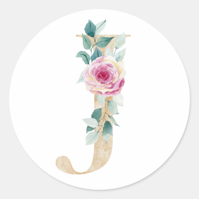 Sticker Rond Lettre J aquarelle avec roses (Devant)