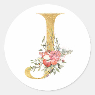 Sticker Rond Lettre J monogramme or avec fleurs