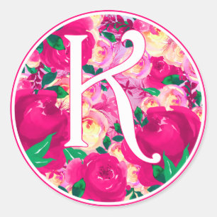 Sticker Rond Lettre K Aquarelle rose Monogramme circulaire