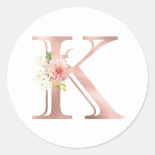 Sticker Rond Lettre K en Monogramme Or Rose Fleur Rose Pâle Feu