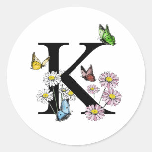 Sticker Rond Lettre K Floral Aquarelle Papillon Monogramme