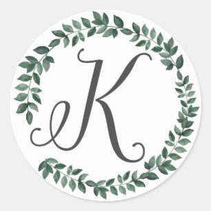 Sticker Rond Lettre K Monogramme Minimaliste Feuille Botanique 