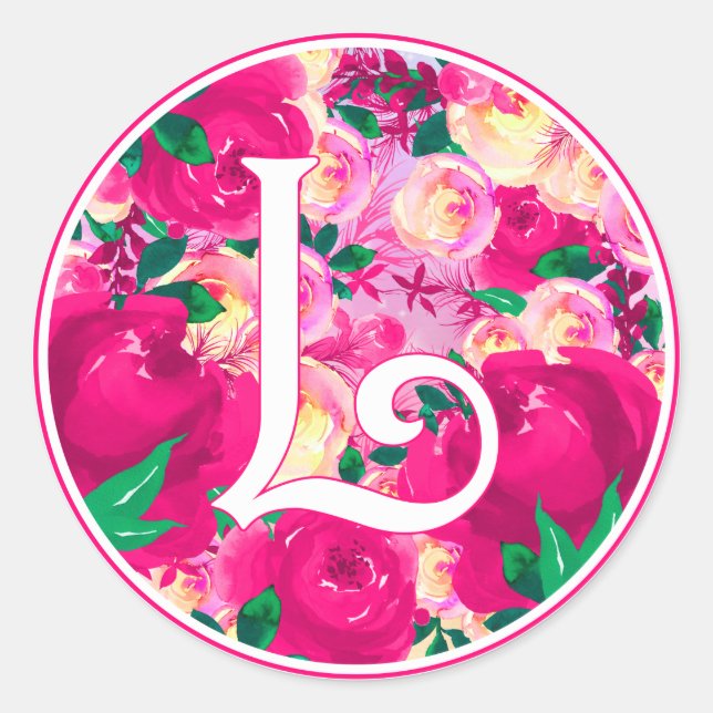 Sticker Rond LETTRE L Aquarelle rose Cercle Floral Monogramme (Devant)