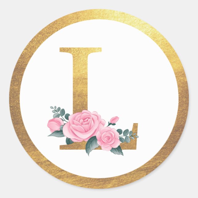 Sticker Rond Lettre L Monogramme Roses roses rose Floral & Eleg (Devant)