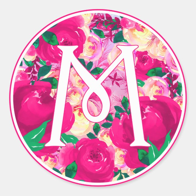 Sticker Rond Lettre M Aquarelle rose Monogramme circulaire (Devant)