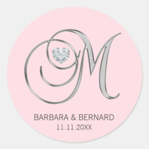 Sticker Rond LETTRE M Mariage MONOMOBILE EN ARGENT ROSE BLANC