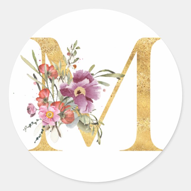 Sticker Rond Lettre M MONOGRAM d'or avec fleur (Devant)
