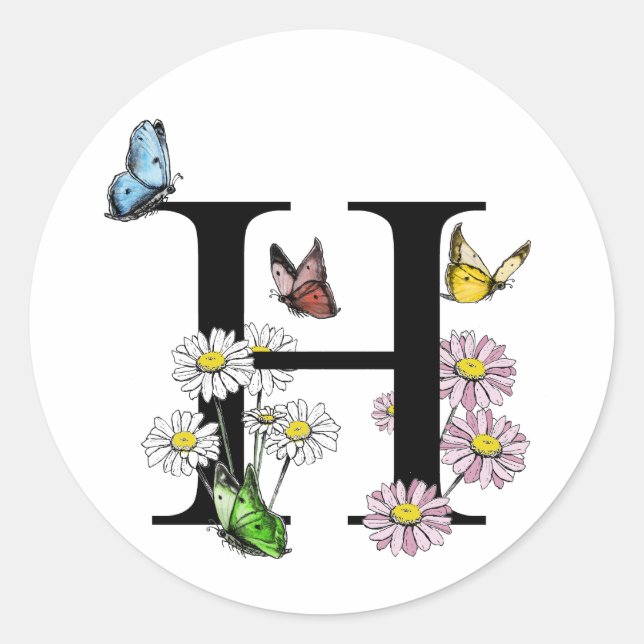 Sticker Rond Lettre moderne H Jardin Papillon Monogramme (Devant)
