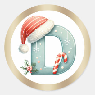 Sticker Rond Lettre monogramme D, chapeau de Père Noël Noël  Au