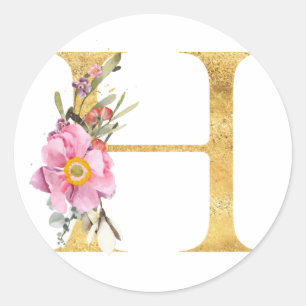 Sticker Rond LETTRE MONOGRAMME D'OR H avec fleurs