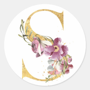 Sticker Rond Lettre MONOGRAMME D'OR S avec fleur