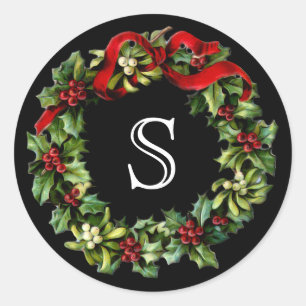 Sticker Rond Lettre monogramme Holly Wreath Noël