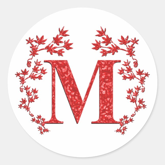 Sticker Rond Lettre monogramme M Feuilles rouges (Devant)