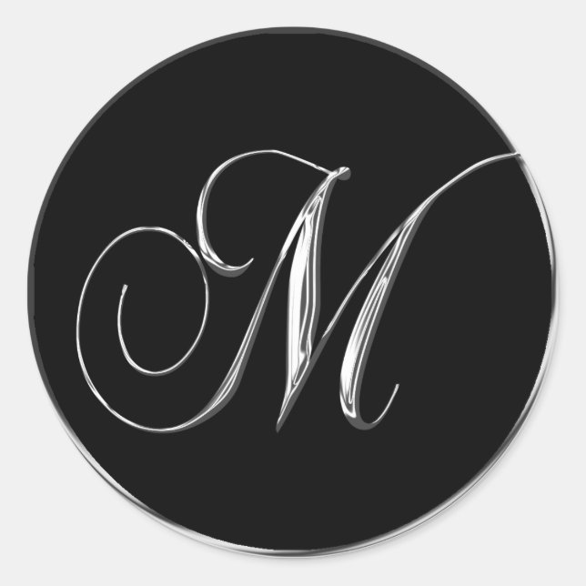 Sticker Rond Lettre Monogramme M Sliver sur sceau Mariage noir (Devant)