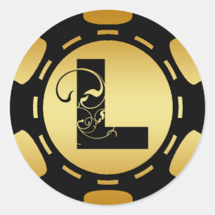 STICKER ROND LETTRE MONOGRAMME NOIR ET OR L POKER CHIP