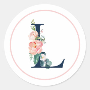 Sticker Rond Lettre Monogramme noire L avec Fleur rose