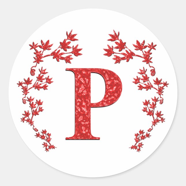 Sticker Rond Lettre monogramme P Feuilles rouges (Devant)