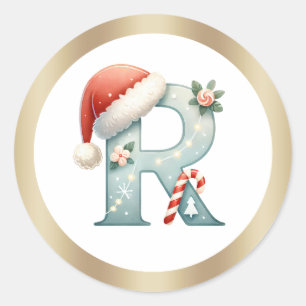 Sticker Rond Lettre monogramme R, chapeau de Père Noël Noël  Au