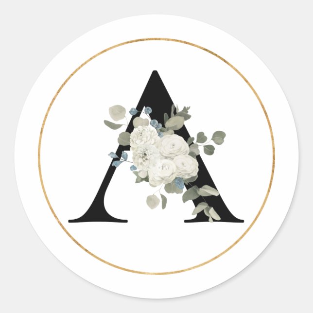 STICKER ROND LETTRE MONOGRAPHIQUE BLANCHE A SUR BLANC (Devant)