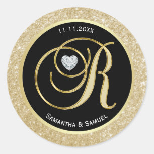 Sticker Rond LETTRE MONOGRAPHIQUE OR Parties scintillant Noire 
