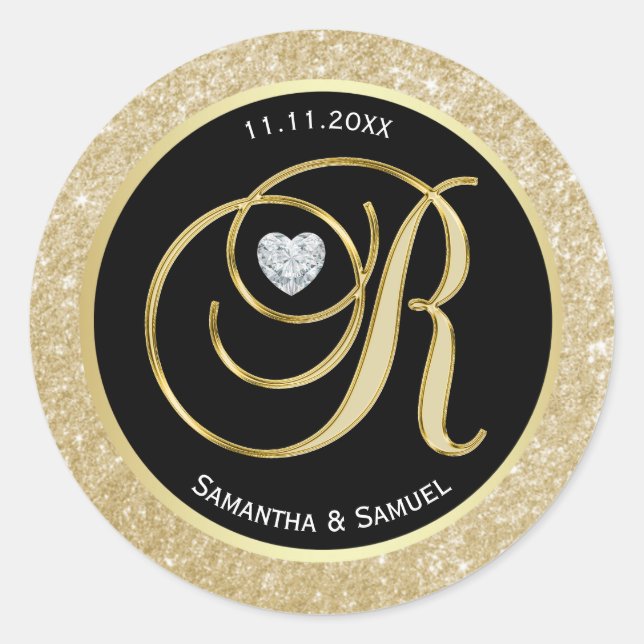 Sticker Rond LETTRE MONOGRAPHIQUE OR Parties scintillant Noire  (Devant)