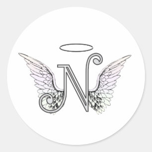Sticker Rond Lettre N Monogramme initial avec ailes angéliques 