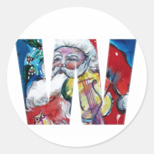 STICKER ROND LETTRE NOËL W / PÈRE NOËL AVEC MONOGRAMME VIOLON