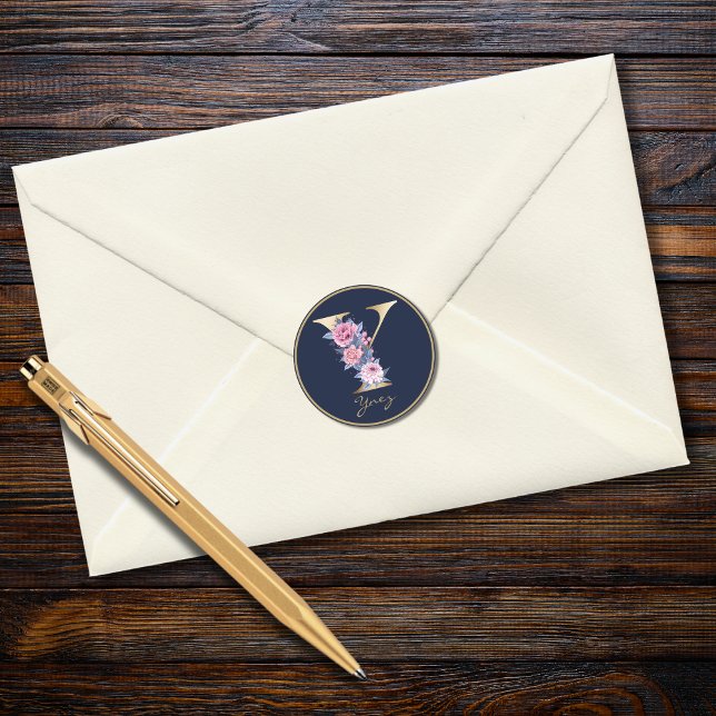 Sticker Rond Lettre or Y Monogramme bleu rose Floral (Créateur téléchargé)