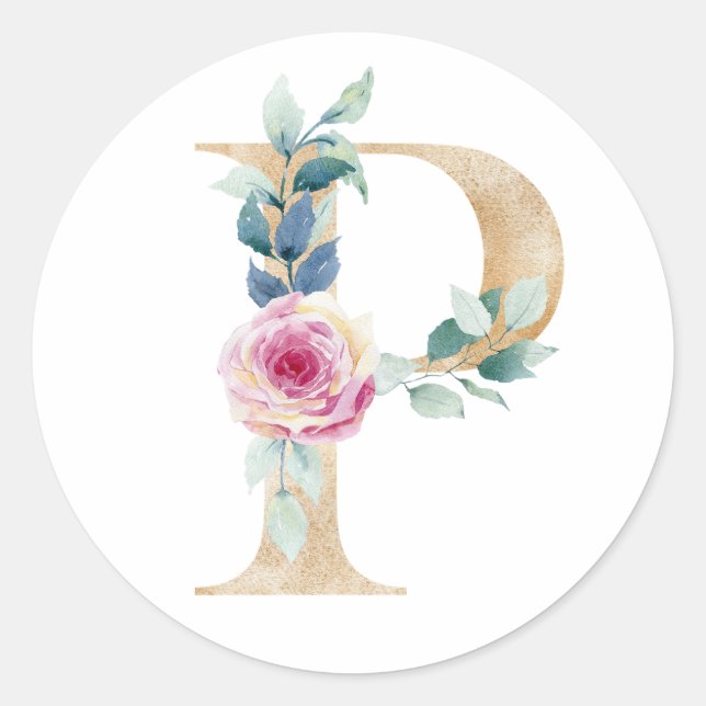 Sticker Rond Lettre P aquarelle avec roses (Devant)