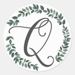 Sticker Rond Lettre Q Monogramme Minimaliste Feuille Botanique 