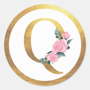 Sticker Rond Lettre Q Monogramme Roses roses rose Floral & Or É
