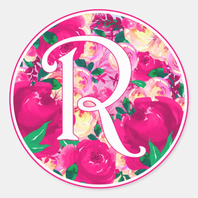 Sticker Rond Lettre R Aquarelle rose Monogramme circulaire (Devant)
