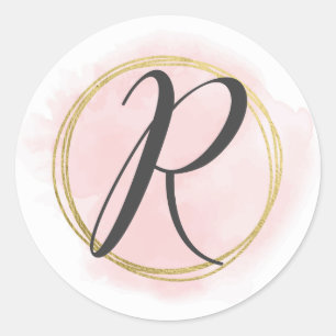 Sticker Rond Lettre R Monogram Blush Rose Aquarelle or chic