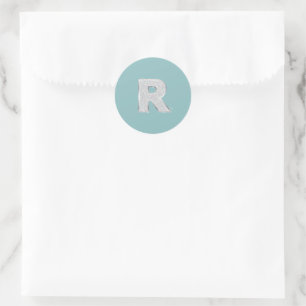 Sticker Rond Lettre R monogramme Aqua Mint Silver parties scint