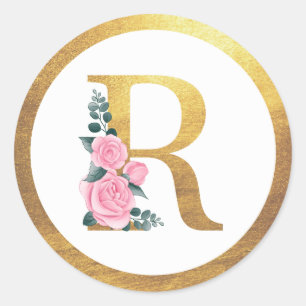 Sticker Rond Lettre R Monogramme Roses roses rose Floral & Eleg