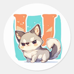 Sticker Rond Lettre U Anime Chien Grognon